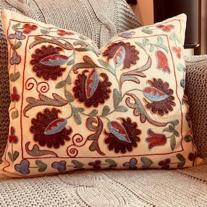 Cream Rosette Suzani Pillow Cover 18x15, Burgundy Blue Embroidered Lumbar Cushion, Boho Decor