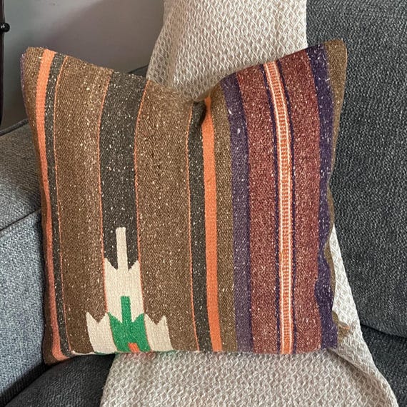 Brown Peach Kilim Pillow Cover 16x16, Purple Stripe Turkish Wool Cushion, Earthy Boho Throw Pillow - upcycled Anatolian wool flatweave