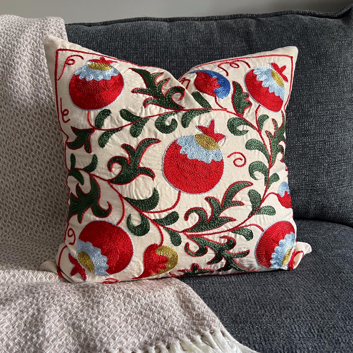 Sweetheart Floral Suzani Pillow Cover 18x18, Hand Embroidered Cushion, Romantic Boho Decor - Uzbek silk hand embroidery