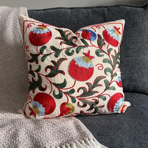 Sweetheart Floral Suzani Pillow Cover 18x18, Hand Embroidered Cushion, Romantic Boho Decor