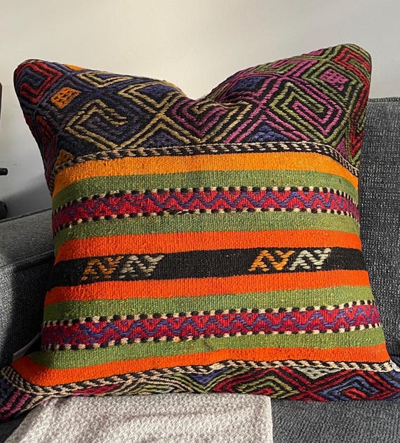 Vintage Turkish Kilim Pillow Cover, 25 x 25 Repurposed from Handwoven Wool Rug, Anatolian Tribal Kilim, Boho Design, Rustic Home Decor