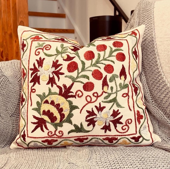 Suzani Pillow, Floral Embroidered Cushion Cover, 15 x 17 Suzani Throw Pillow, Colorful Bohemian Home Decor, Yellow and Red Pillow - Uzbek silk hand embroidery