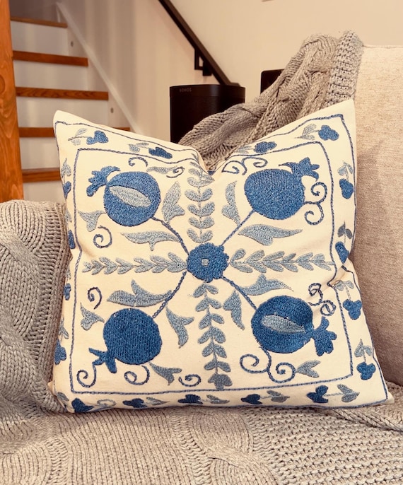 Suzani Pillow Cover 16x17 Blue Cream Floral, Hand Embroidered Uzbek Cushion, Bohemian Home Decor