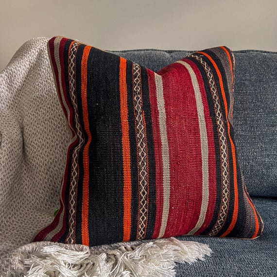 Red Striped Kilim Pillow Cover 20x20, Vintage Turkish Wool Cushion, Southwestern Boho Decor