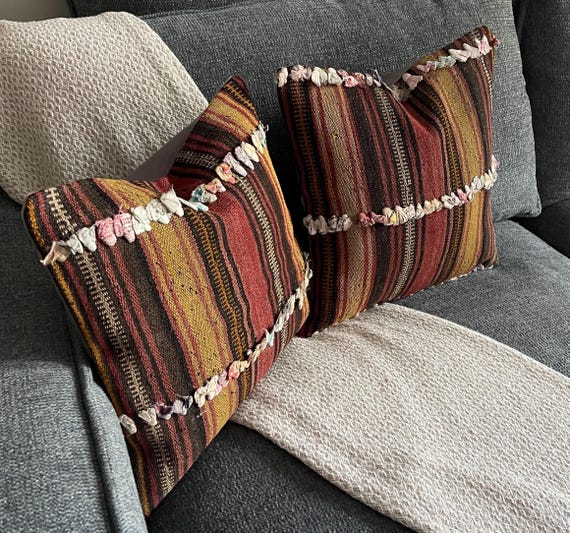 Set of 2 Kilim Pillow Covers 16x16, Brown Gold Stripe, Vintage Turkish Wool Cushion Pair, Boho Decor - upcycled Anatolian wool flatweave