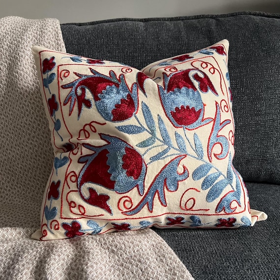 Vibrant Boho Cushion Cover 18x18, Hand Stitched Suzani Throw Pillow, Ethnic Home Styling