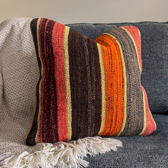 Kilim Pillow Cover 18x18 Orange Grey Stripe, Vintage Turkish Wool Rug Pillow, Upcycled Boho Accent Cushion - upcycled Anatolian wool flatweave