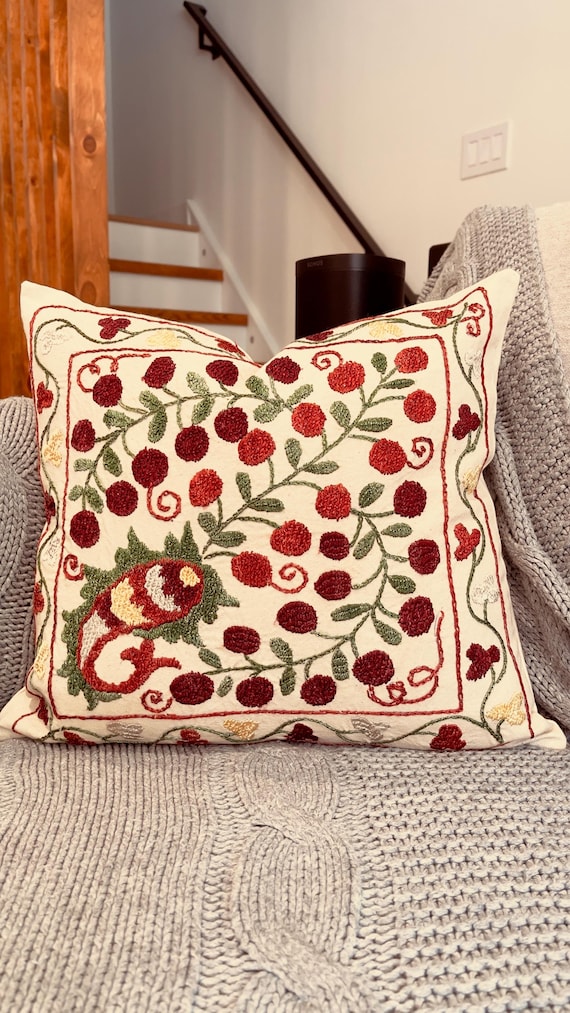 Suzani Pillow, Cherry Color Pillow, Floral Embroidered Cushion Cover, 15 x 17 Suzani Throw Pillow, Bohemian Home Decor, Ethnic Decor - Uzbek silk hand embroidery