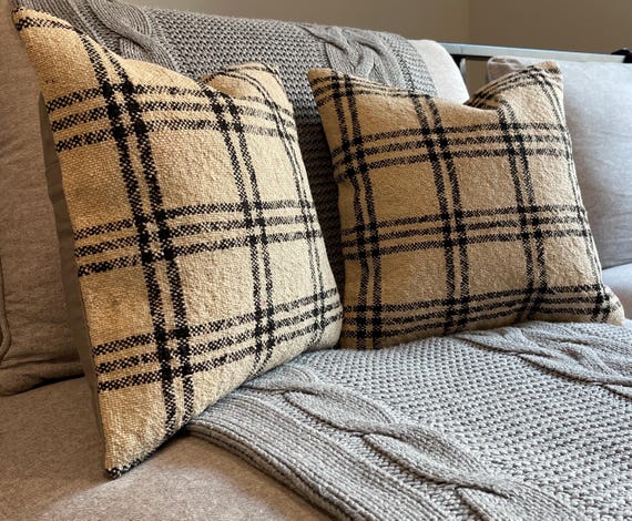 Vintage Turkish Wool Pillow Cover Set of 2, Cream Black Windowpane Check, Neutral Boho Accent (16x16) - hand-loomed wool area rug, natural dyes
