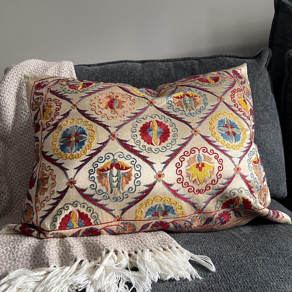 Hand Embroidered Silk Suzani Pillow Cover, Boho Floral Throw Pillow, Multicolor Ethnic Home Decor