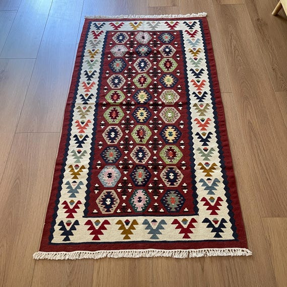 Vintage Turkish Kilim Rug 2.7 x 5 ft in, Handwoven Wool Burgundy Navy Geometric Accent Rug, Tribal Boho Farmhouse Decor, Anatolian Style - hand-loomed wool area rug, natural dyes