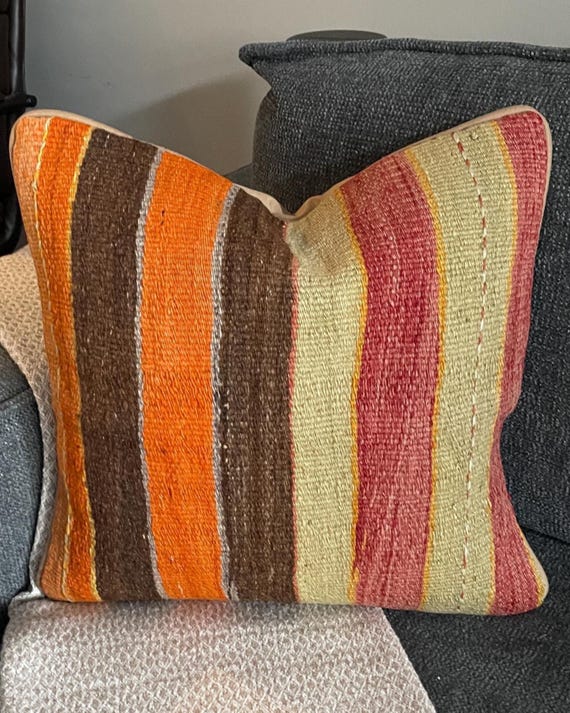 Orange Brown Kilim Pillow Cover 18x18, Dusty Rose Stripe Turkish Wool Cushion, Boho Accent Pillow - upcycled Anatolian wool flatweave
