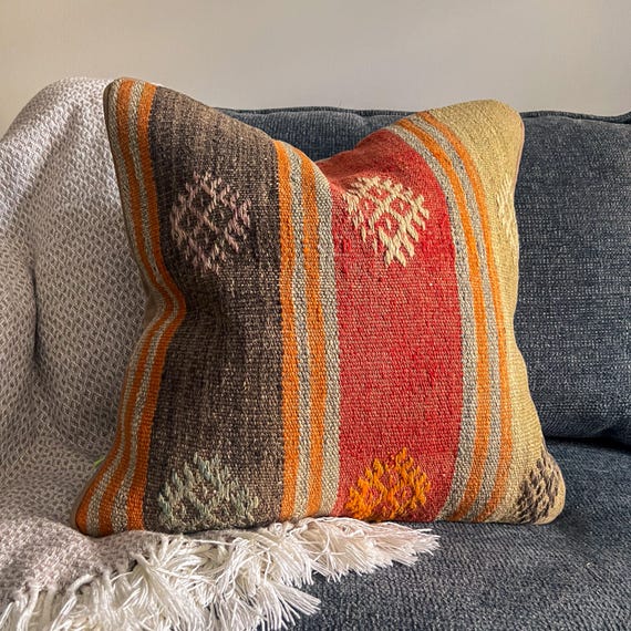 Orange Pink Striped Kilim Pillow Cover 20x20, Vintage Turkish Wool Cushion, Colorful Boho Accent