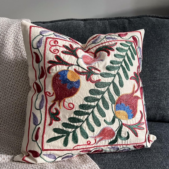 Eclectic Couch Pillow Cover 18x18, Suzani Hand Embroidery, Colorful Boho Living Room Decor
