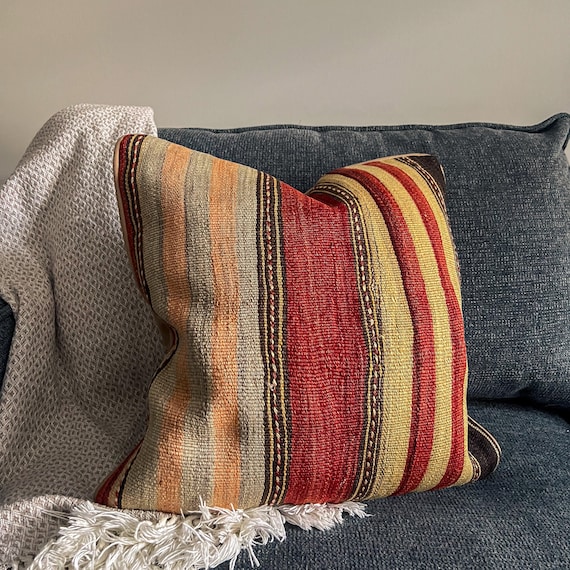 Kilim Pillow Cover 20x20, Striped Pattern Vintage Turkish Rug Pillow, Upcycled Wool Boho Accent