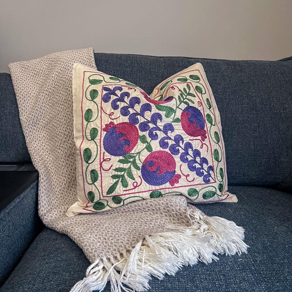 Violet Bloom Suzani Pillow Cover 18x18, Hand Embroidered Boho Cushion, Purple Accent Decor