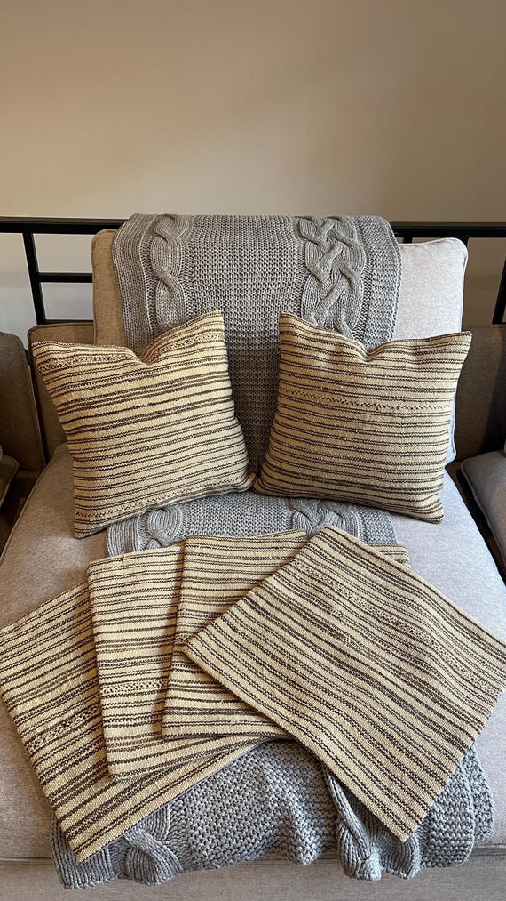 Vintage Turkish Wool Pillow Cover Set of 2, Oatmeal Brown Stripe, Neutral Minimal Boho Accent (16x16) - hand-loomed wool area rug, natural dyes