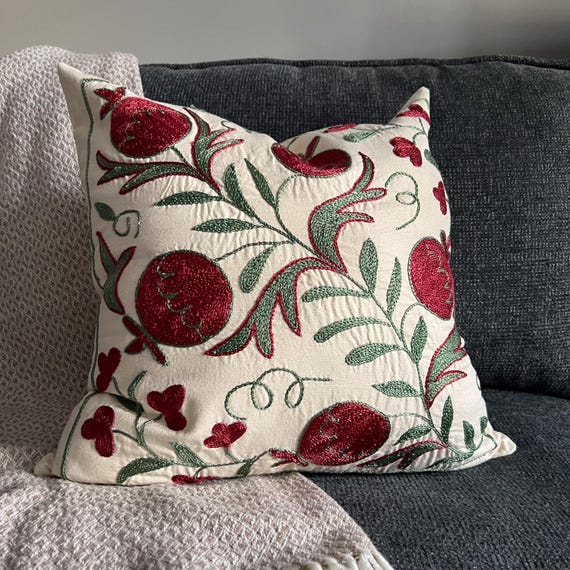 Poppy Red Floral Suzani Pillow Cover 18x19, Hand Stitched Cushion Case, Eclectic Living Room Decor