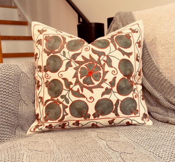 Green Suzani, Red and Green Suzani, Floral Embroidered Cushion Cover, 17 x 18, Suzani Throw Pillow, Home Decor, Olive Green Pillow - Uzbek silk hand embroidery