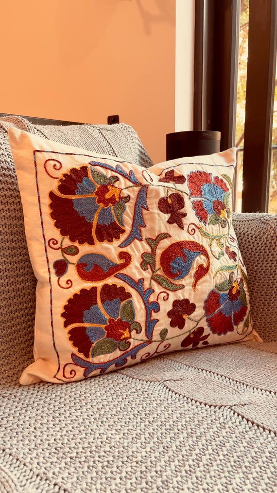 Red and Blue Floral Embroidered Pillow, 18 x 18 Suzani Throw Pillow, Colorful Bohemian Home Decor - Uzbek silk hand embroidery