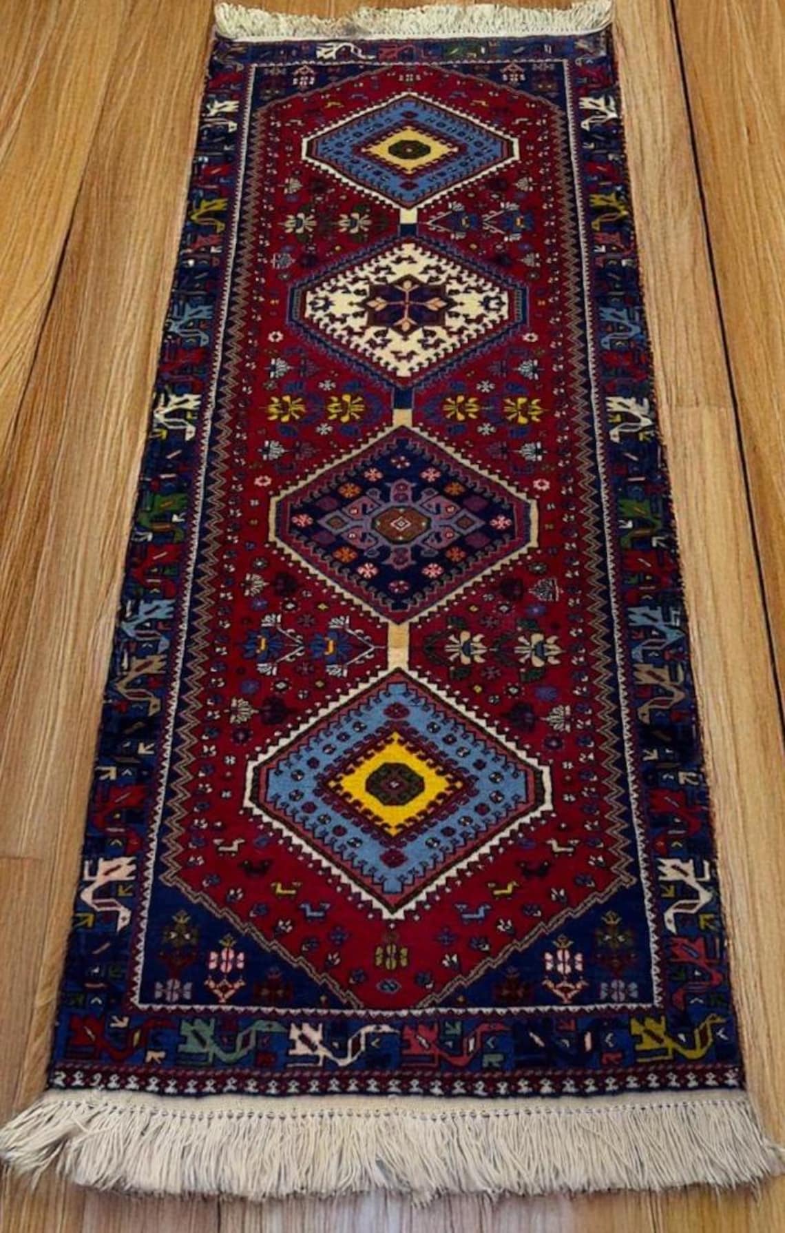 Vintage Yalameh Rug, Handmade Wool Area Rug, Red Blue Tribal Persian Style Carpet, Geometric Oriental Runner, Boho Home Decor - hand-loomed wool area rug, natural dyes