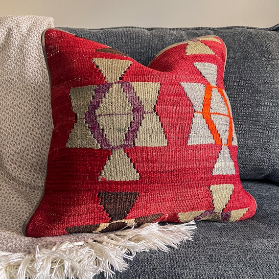 Kilim Pillow Cover 18x18, Vintage Turkish Rug Pillow, Upcycled Wool Boho Accent