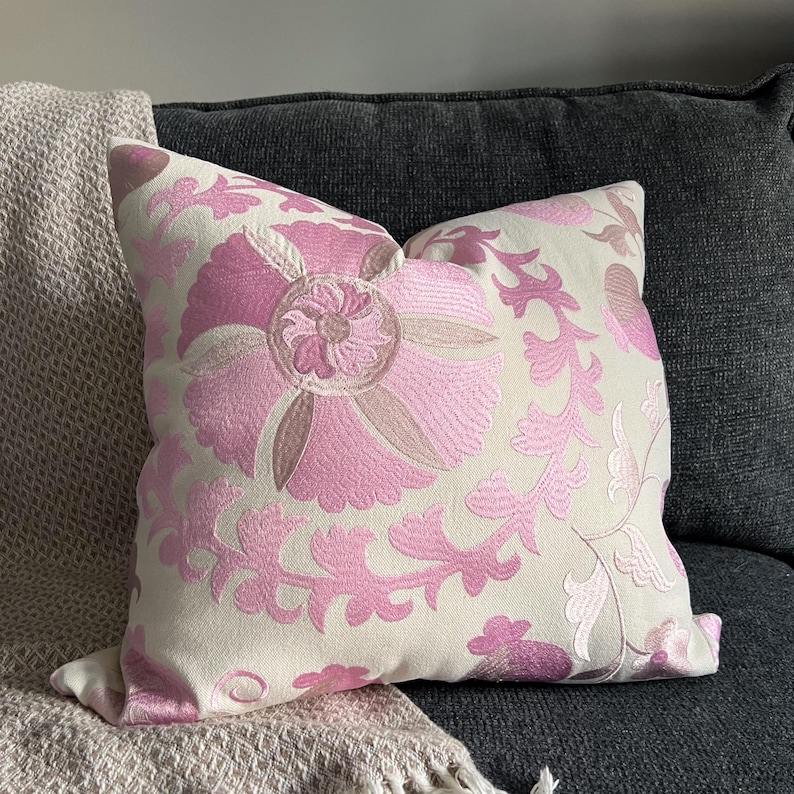 Hand-embroidered Uzbek suzani pillow cover in silk thread