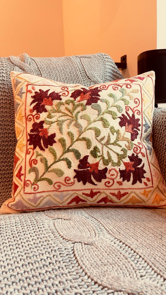 Cream Burgundy Suzani Pillow Cover 16x17, Sage Leaf Embroidered Cushion, Boho Floral Home Decor - Uzbek silk hand embroidery