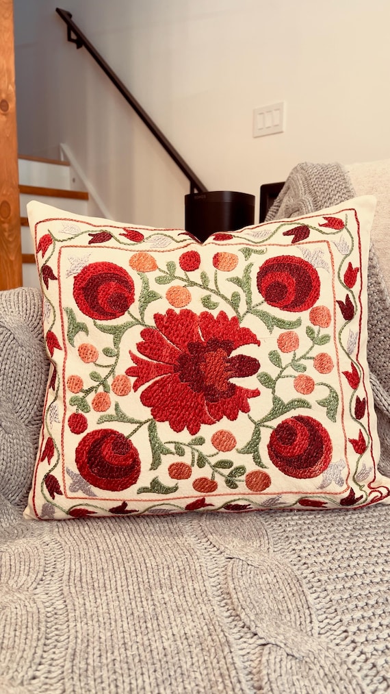 Red Floral Pillow, Embroidered Cushion Cover, 16 x 17 Suzani Throw, Colorful Bohemian Home Decor, Midsize Pillow, Center Flower Pillow - Uzbek silk hand embroidery