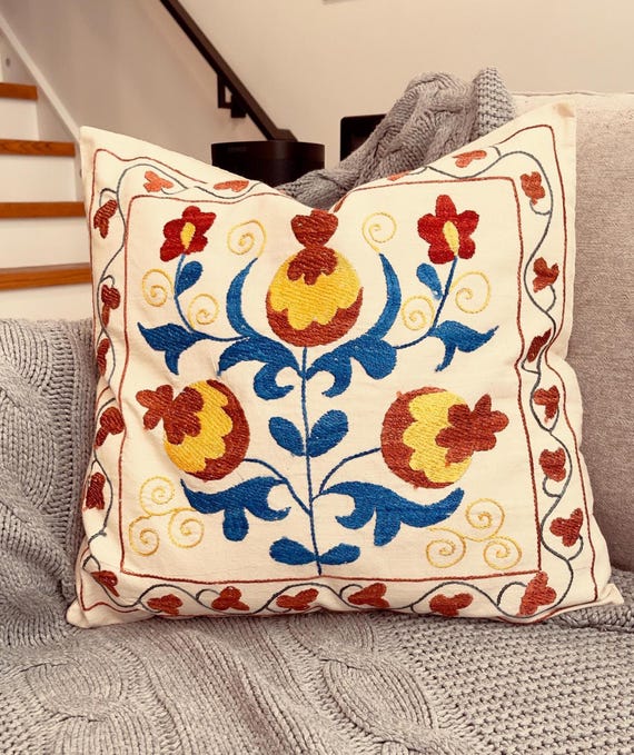 Suzani Pillow Cover 18x19 Cream Red Pomegranate, Hand Embroidered Uzbek Cushion, Boho Folk Art Decor
