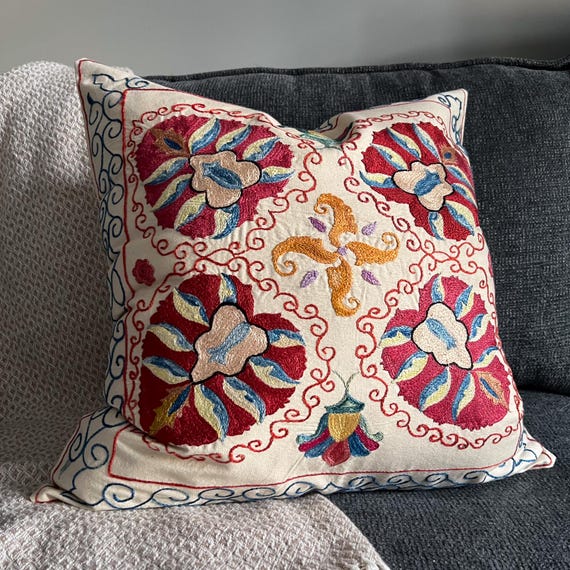 Plum Garden Suzani Pillow Cover 20x20, Hand Embroidered Cushion Case, Rich Boho Color Accent