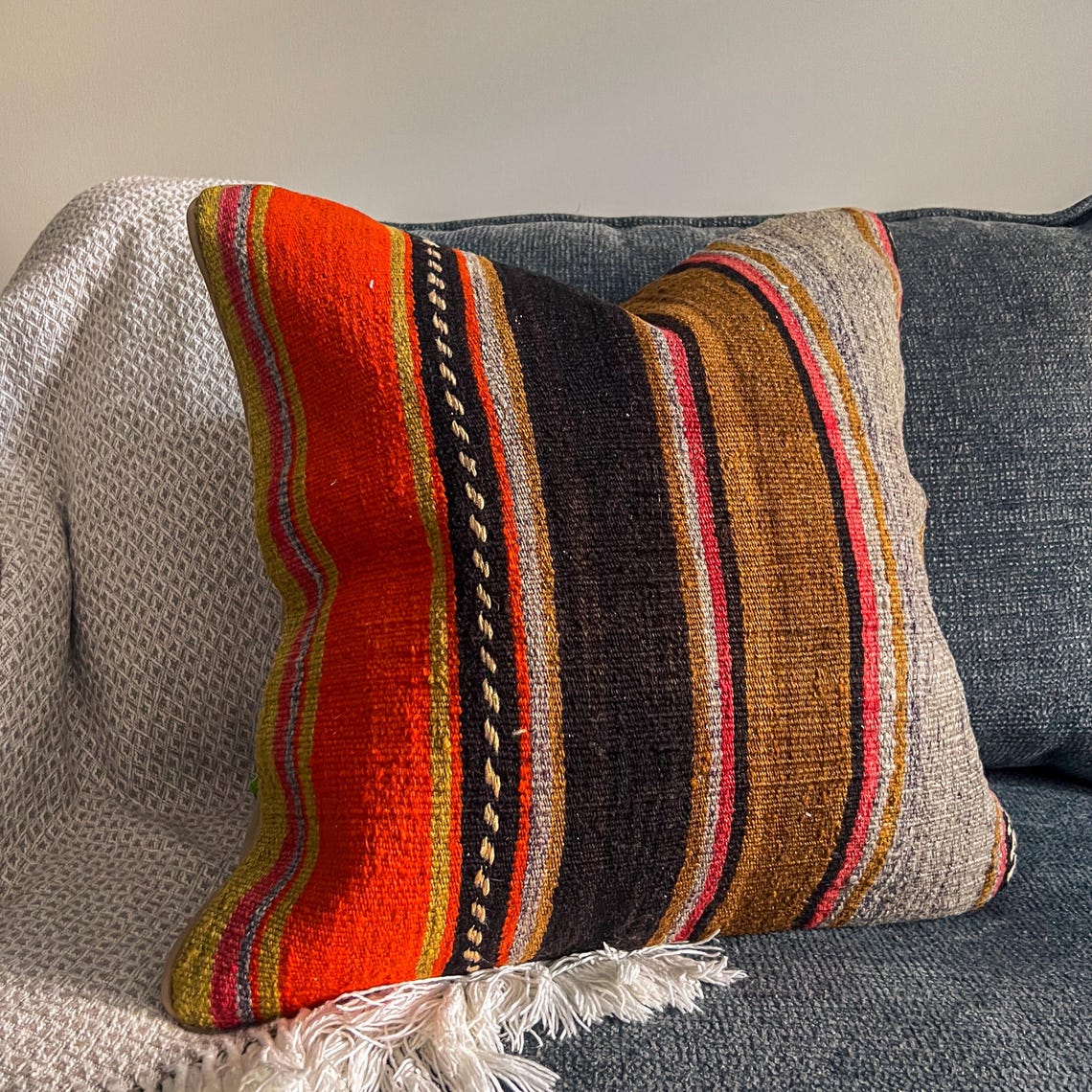 Kilim Pillow Cover 20x20, Striped Pattern Vintage Turkish Rug Pillow, Upcycled Wool Boho Accent - upcycled Anatolian wool flatweave