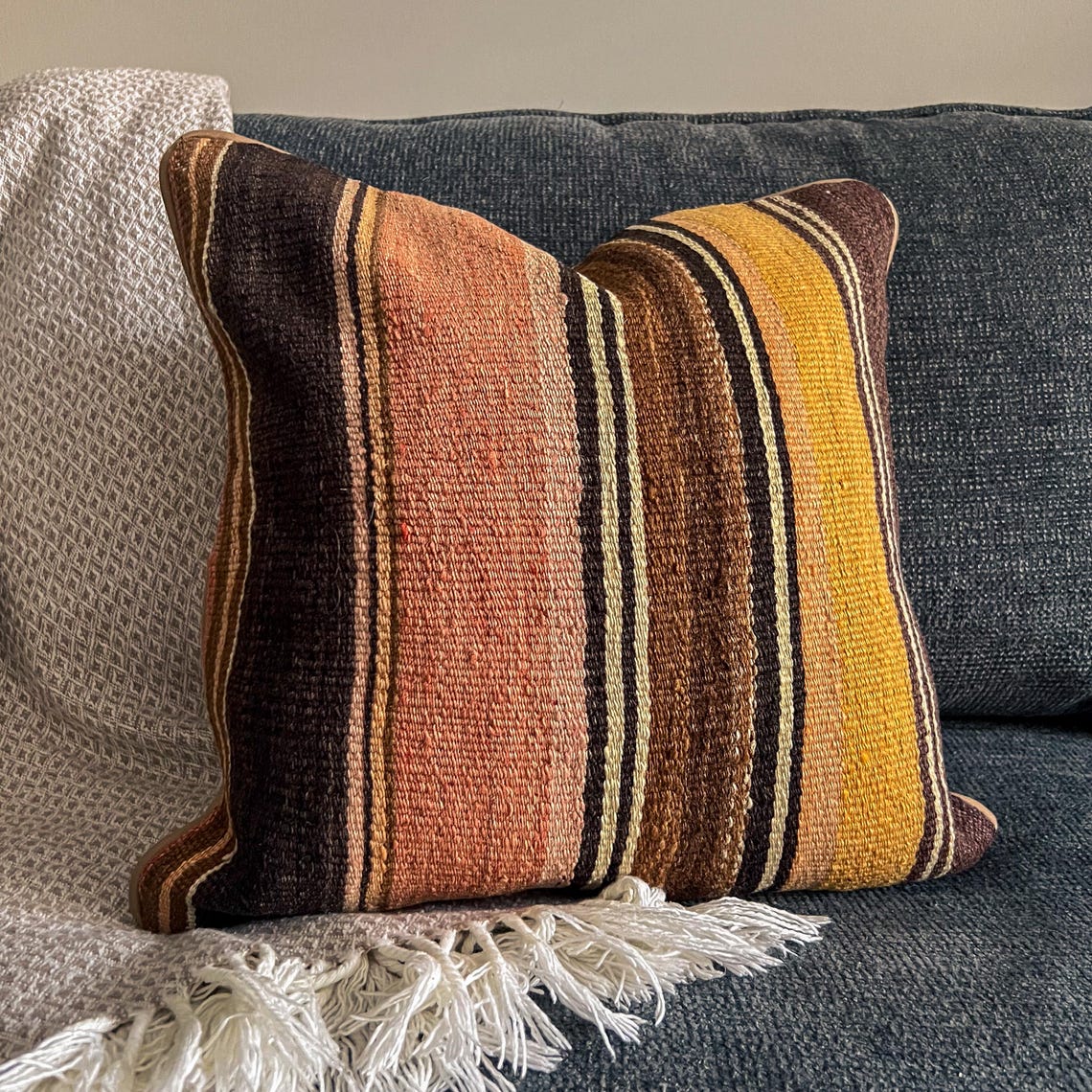 Vintage Turkish kilim pillow cover cut from an antique flatweave