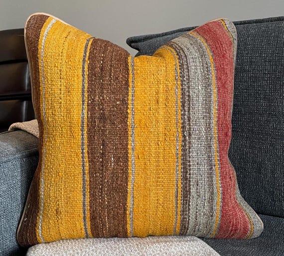 Mustard Gold Kilim Pillow Cover 20x20, Brown Grey Stripe Turkish Wool Cushion, Boho Home Decor - upcycled Anatolian wool flatweave