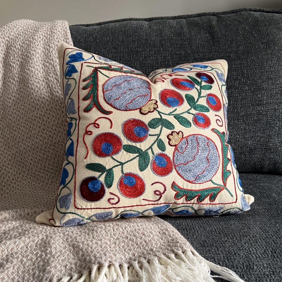 Artisan Embroidered Pillow 17x17, Suzani Cushion Cover, Colorful Eclectic Accent Decor