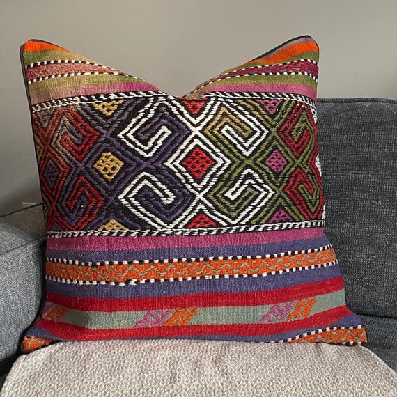 Purple Red Cicim Pillow Cover 25x25, Diamond Motif Turkish Wool Floor Cushion, Colorful Boho Decor - hand-loomed wool area rug, natural dyes