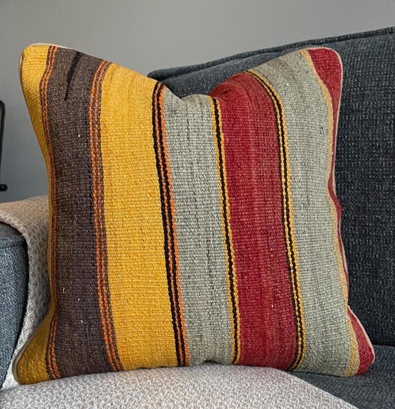 Mustard Grey Kilim Pillow Cover 18x18, Red Stripe Turkish Wool Cushion, Rustic Boho Throw Pillow - upcycled Anatolian wool flatweave