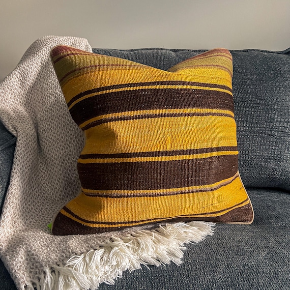Mustard Yellow Striped Kilim Pillow Cover 20x20, Vintage Turkish Wool Cushion, Boho Accent Pillow