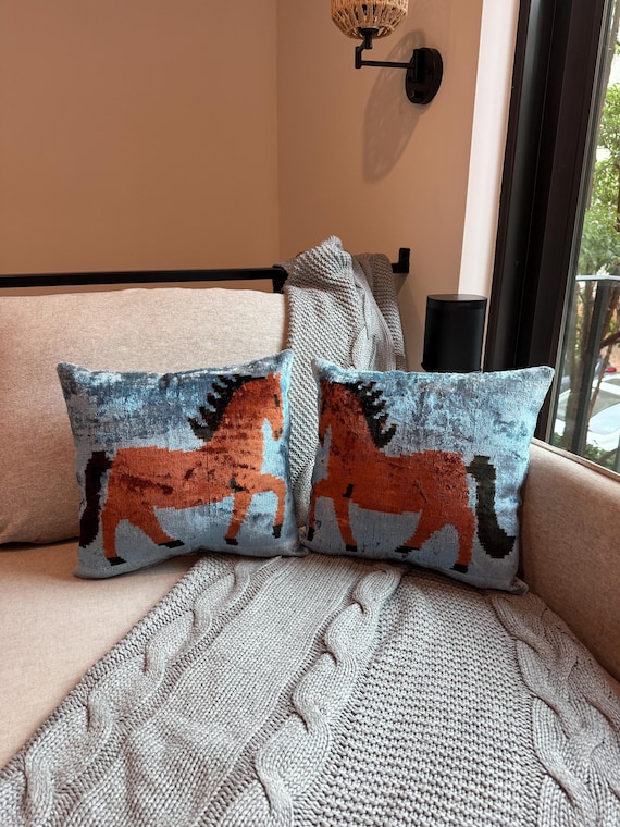 Set of 2 Velvet Ikat Pillow Covers 14x15, Horse Cushion Cover Pair, Blue Orange Velvet Throw Pillow, Boho Equestrian Home Decor - hand-loomed wool area rug, natural dyes