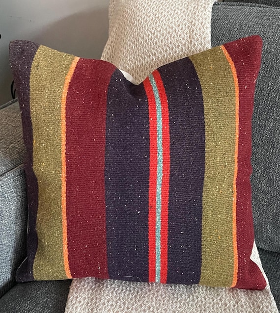 17x17 Inch Vintage Kilim Pillow Cover, Handwoven Wool Cushion, Tribal Boho Pillow, Turkish Kilim Throw Pillow, Rustic Home Decor - upcycled Anatolian wool flatweave