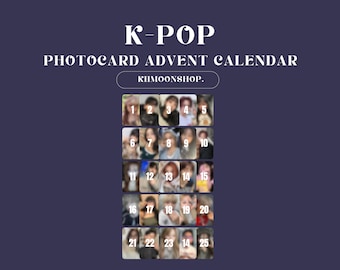 May include: A K-Pop photocard advent calendar with a dark blue background. The calendar features 25 numbered photo slots, each containing a blurred image of a person. The text "K-POP PHOTOCARD ADVENT CALENDAR" is displayed at the top, with "KIIMOONSHOP." below.