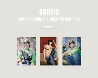 May include: Three photos of a person wearing a green shirt, jeans, and a cap. The text on the image reads "CORTIS", "COLOR OUTSIDE THE LINES' PC (SET OF 3)", and "KIIMOONSHOP."