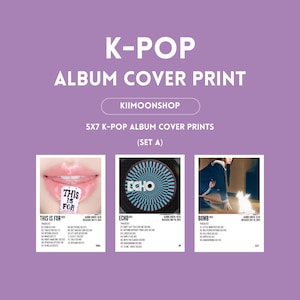 May include: A purple background with the text "K-POP ALBUM COVER PRINT" and "KIIMOONSHOP." Below are three 5x7 album cover prints. The first features lips with the text "THIS IS FOR." The second has a blue and black circular design with the word "ECHO." The third shows a person with the word "BOMB."