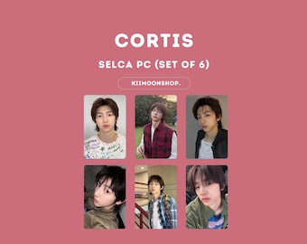 May include: A set of six SELCA PC cards featuring a young person in various outfits and poses. The cards are arranged on a pink background with the word "CORTIS" at the top and "KIIMOONSHOP." at the bottom.