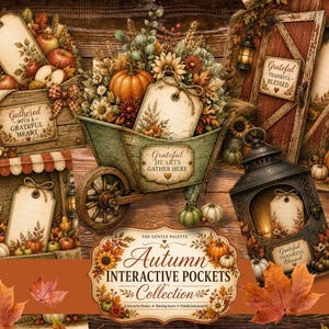 May include: A collection of autumn-themed interactive pockets featuring illustrations of a wheelbarrow, wooden crates, a barn door, and a lantern, all decorated with pumpkins, sunflowers, and fall foliage, with text reading "Autumn INTERACTIVE POCKETS Collection."