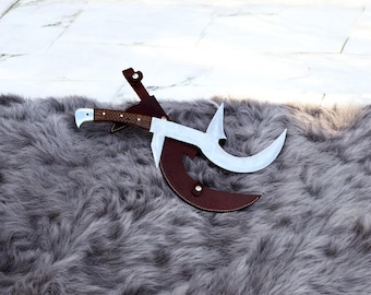 Handmade African Hunga Munga Mambele Knife - Carbon Steel, Rosewood Handle, Leather Sheath