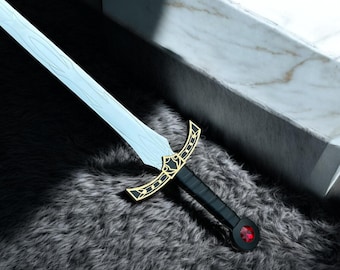 Réplica de la espada del Trono de Cristal de Goldryn / Accesorio artesanal con guarda dorada y gema roja / Cosplay, coleccionable de exhibición