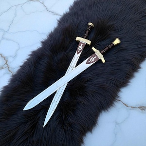 May include: Two crossed swords with silver blades, brown handles, and gold accents. The swords have a trident emblem on the hilt and are set against a dark, textured background.