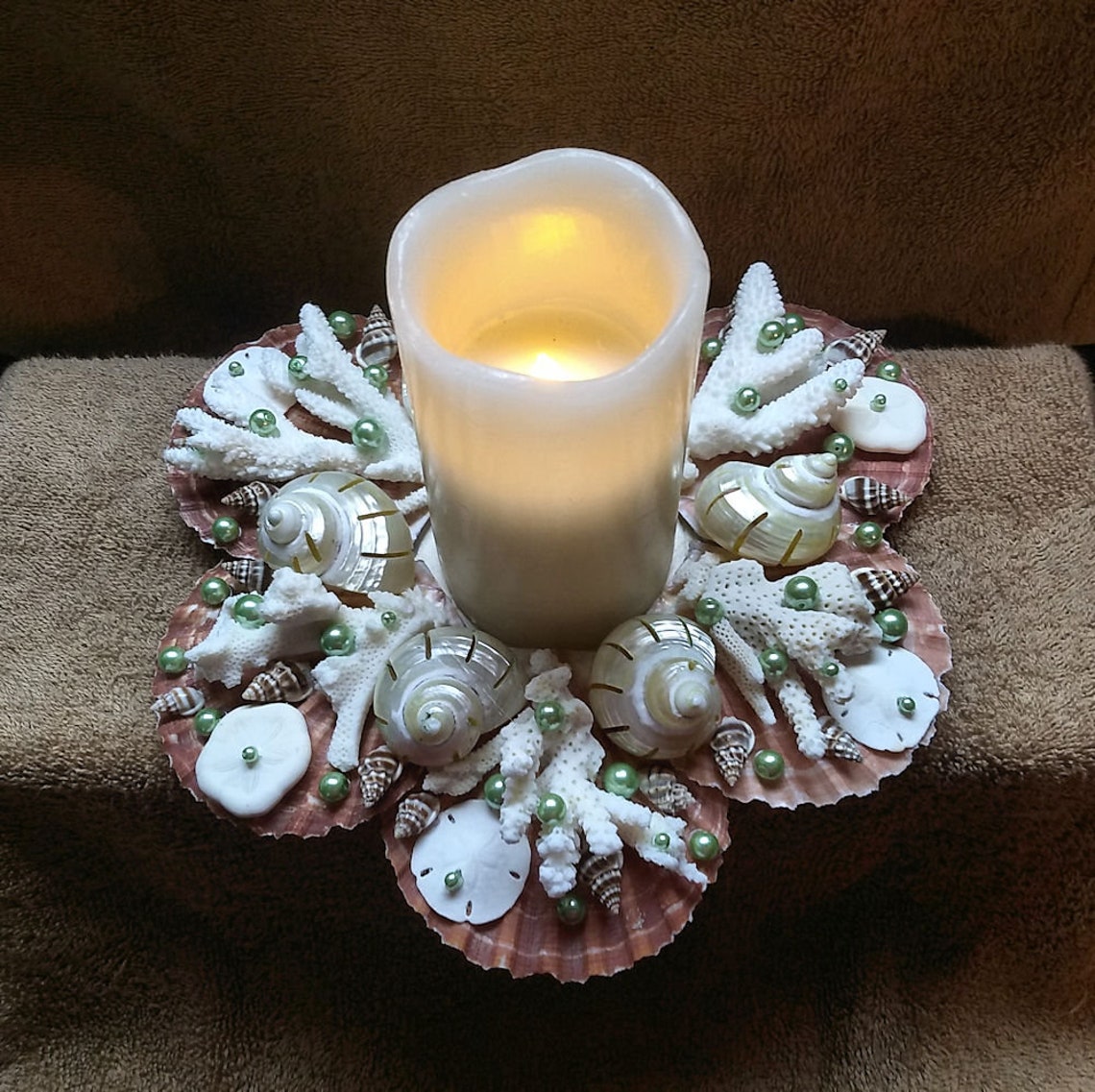 NEW Seashell Pillar Candle Ring w/Coral Seashell Etsy