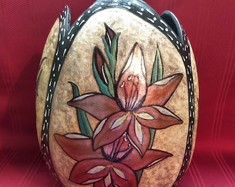 Hand Painted Stipple Carved 11"T Cardinal Gladiola Art Gourd